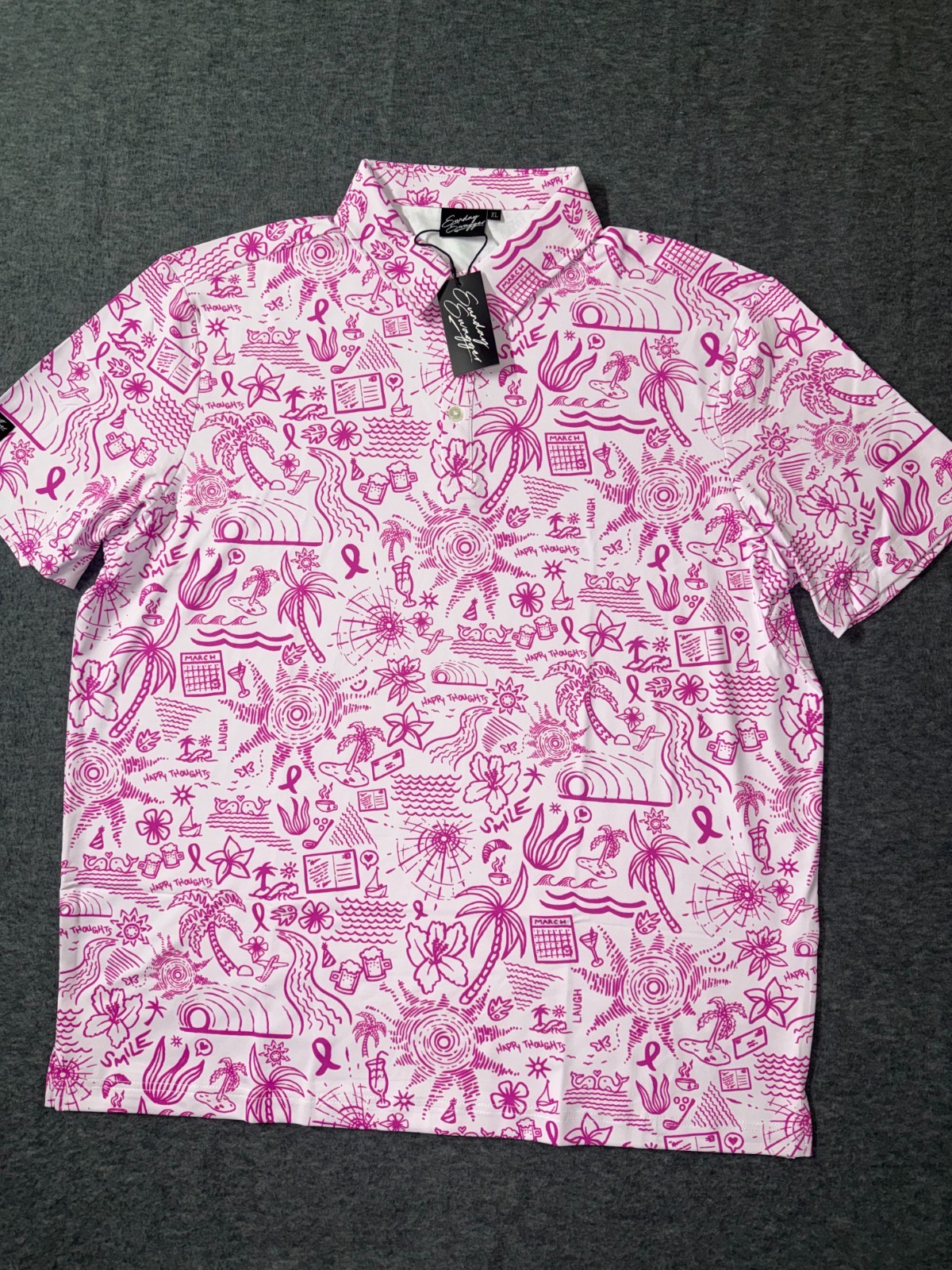 Sunday Swagger Mens Golf Polo Happy Thoughts Breast Cancer Awareness Pink