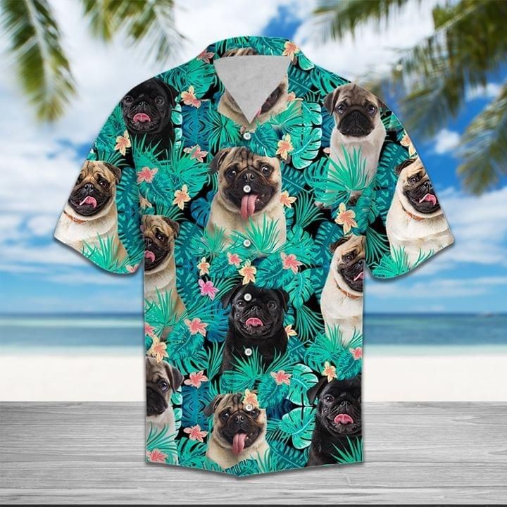Pug Dogs Hawaiian Graphic Print Short Sleeve Hawaiian Shirt Short Sleeve