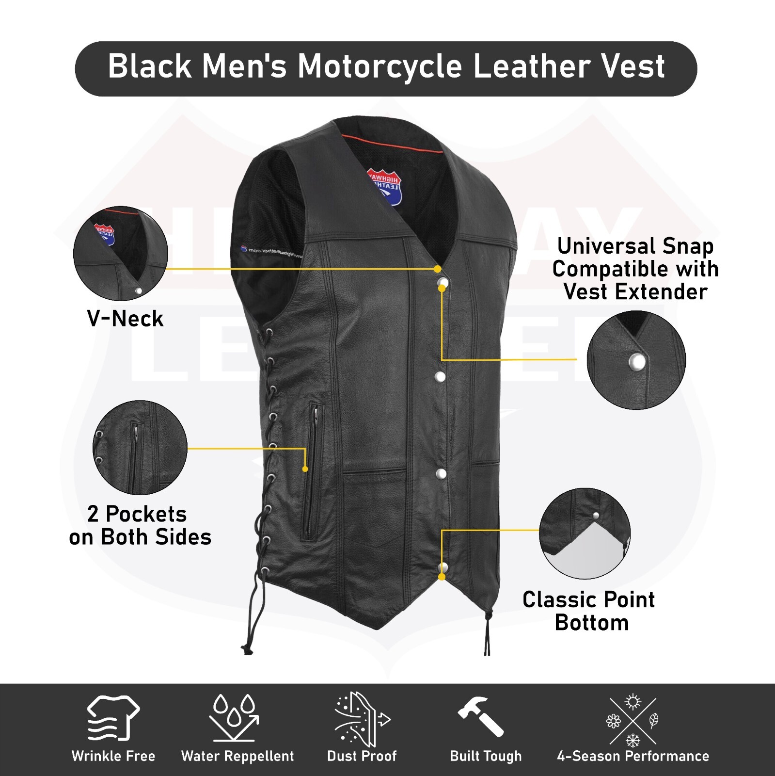 Mens Genuine Leather 10 Pockets Motorcycle Biker Vest ANARCHY Black SOA #3540BLK