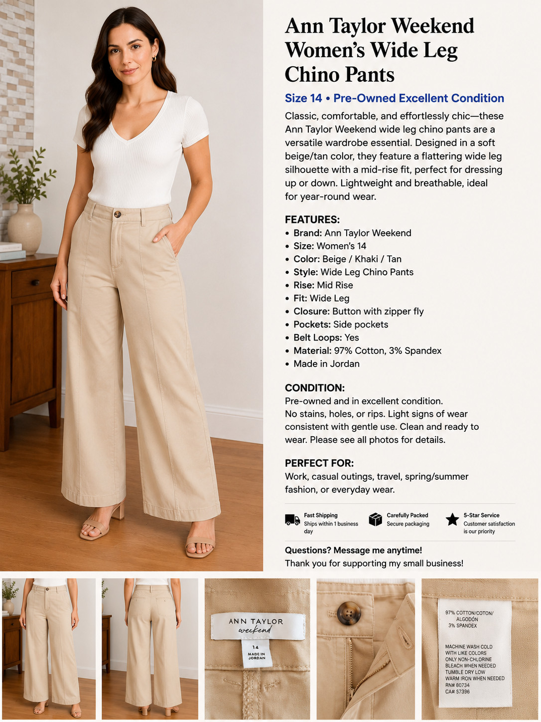 Ann Taylor Weekend Women’s Wide Leg Chino Pants Size 14 Beige/Tan Cotton Blend