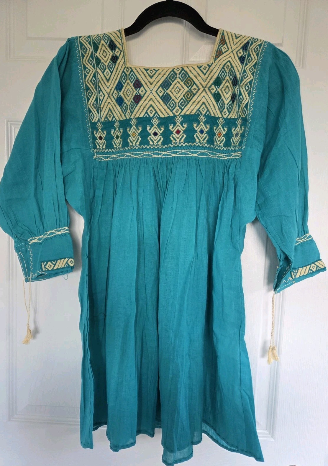 Teal Embroidered Peasant Tunic Top Women S/M Boho Lightweight Artisan Style