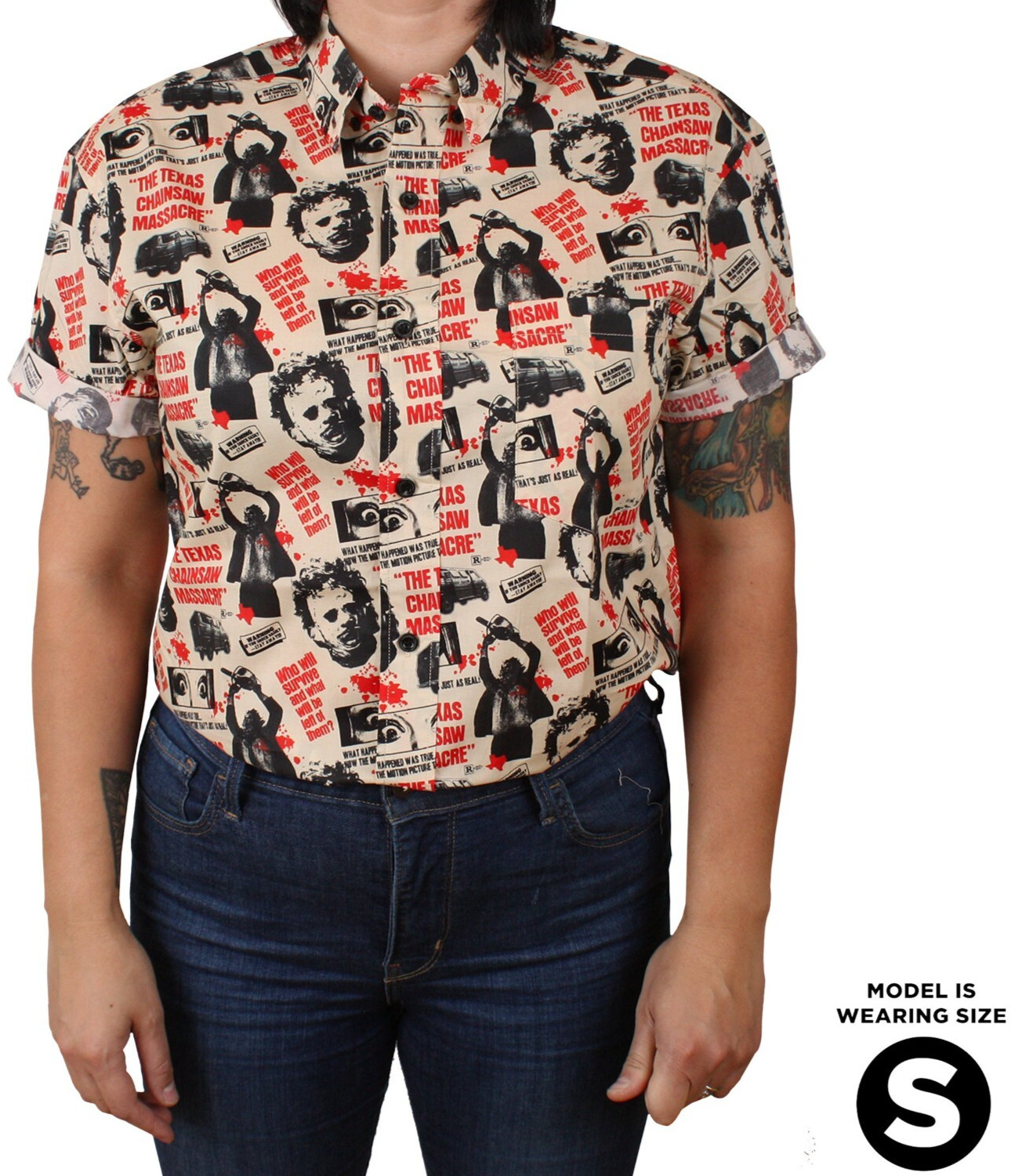 NEW Creepy Co. TEXAS CHAINSAW MASSACRE One Sheet BUTTON-UP DRESS SHIRT XS-4XL