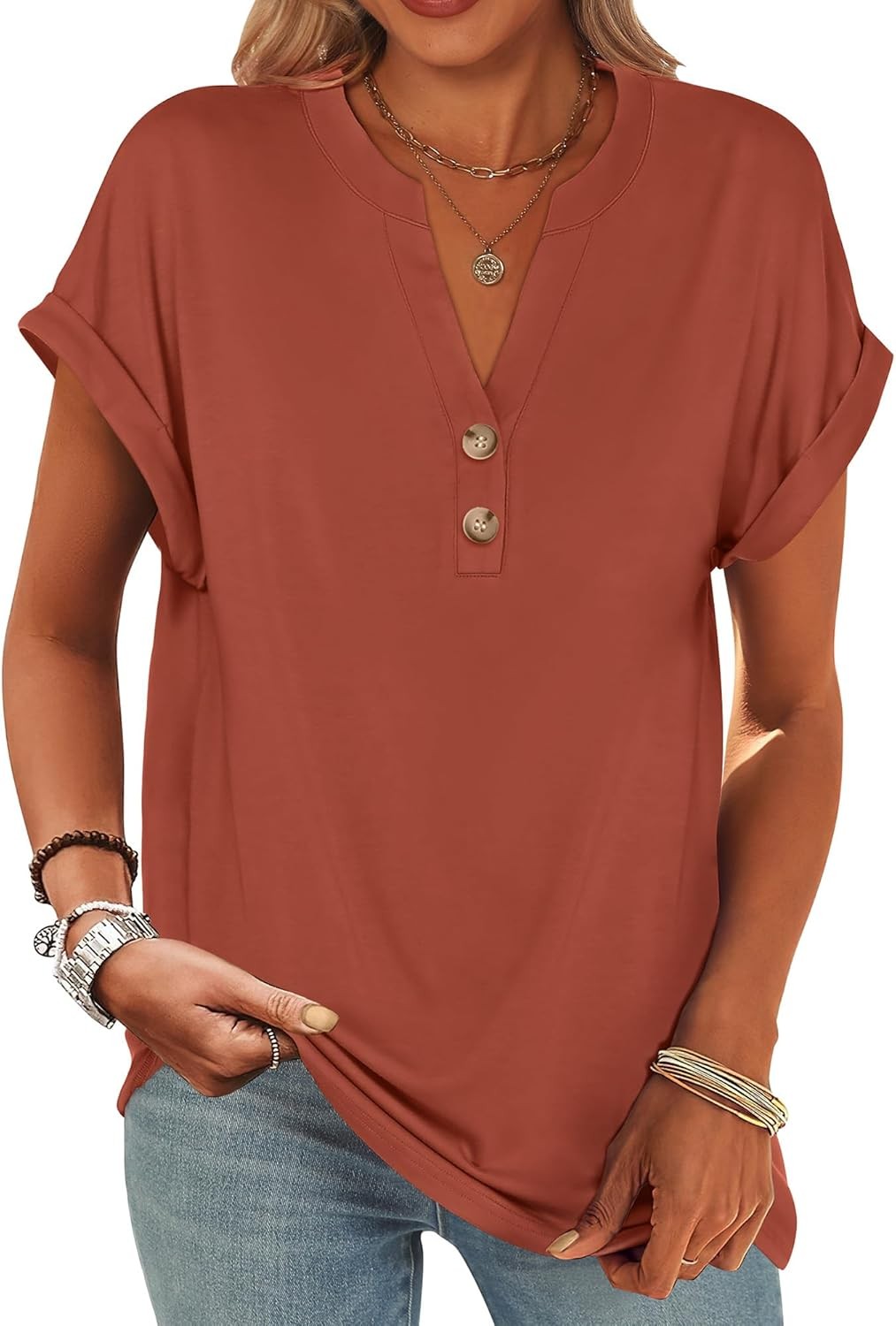 Womens Henley V Neck Short Sleeve Loose Fit Casual Summer Tunic Blouse Top