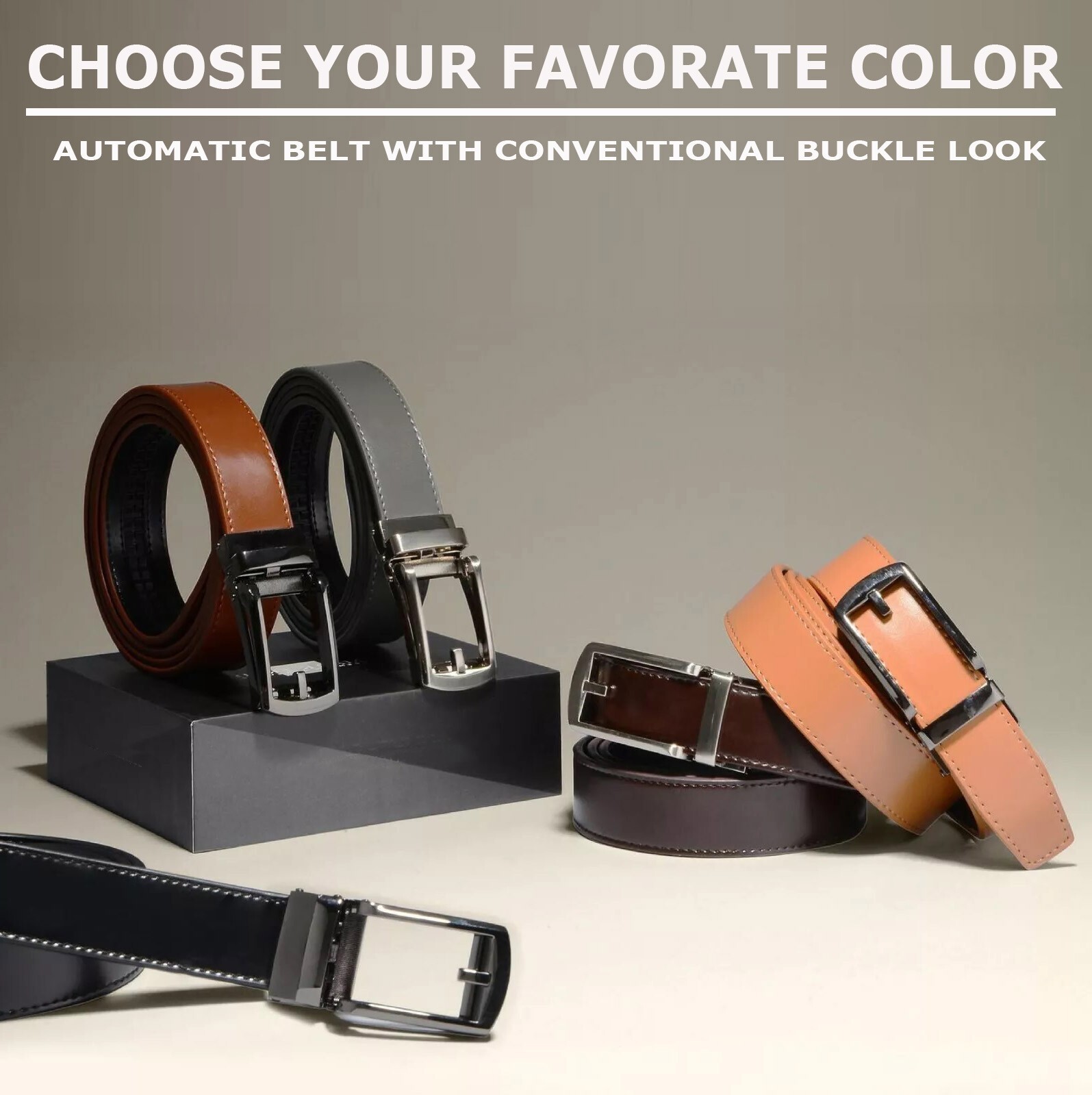 Men’s Belt Leather Ratchet Belts Automatic Buckle 1.37inch Width