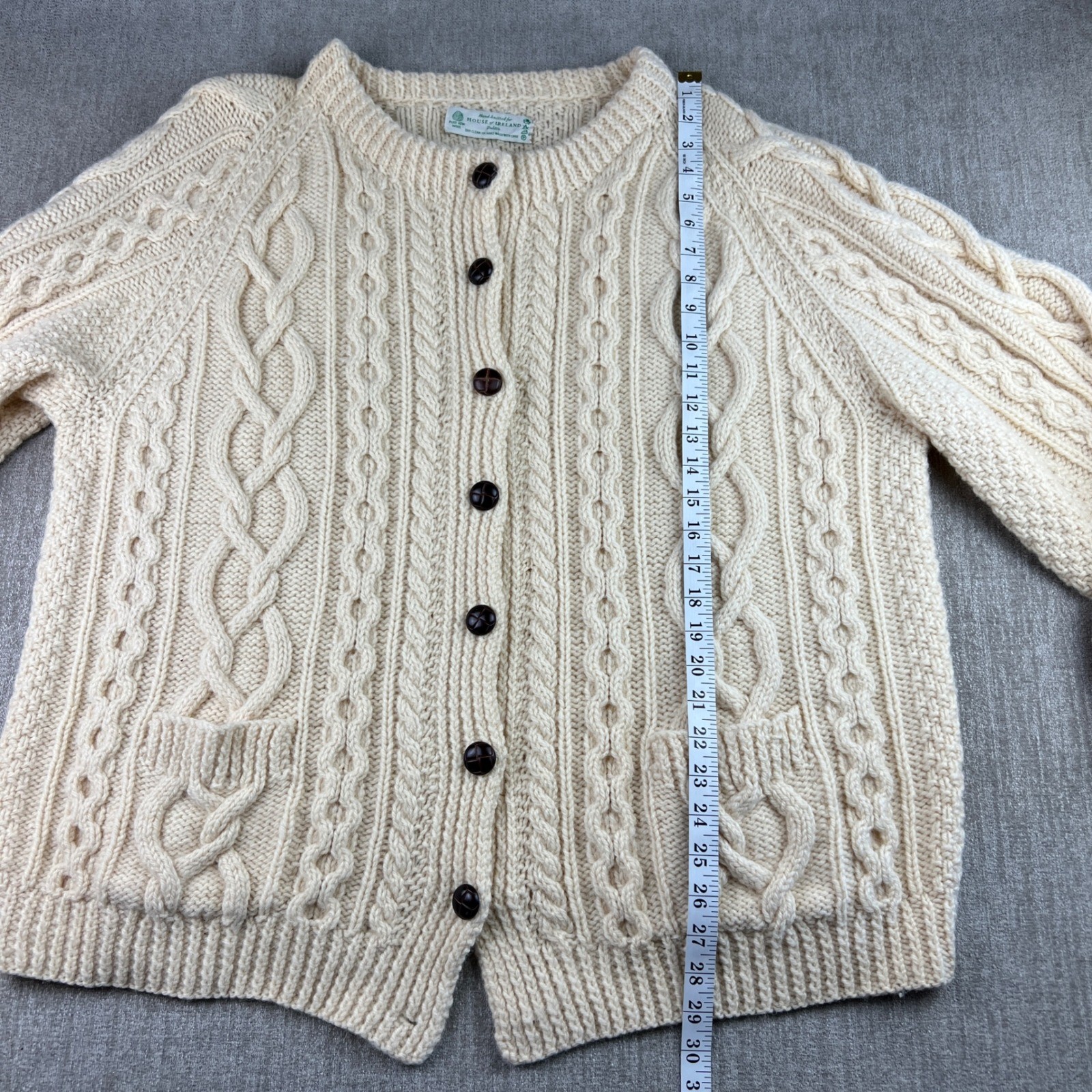House of Ireland Aran Cardigan Mens XL Cream Pure Wool Hand Knitted Fisherman