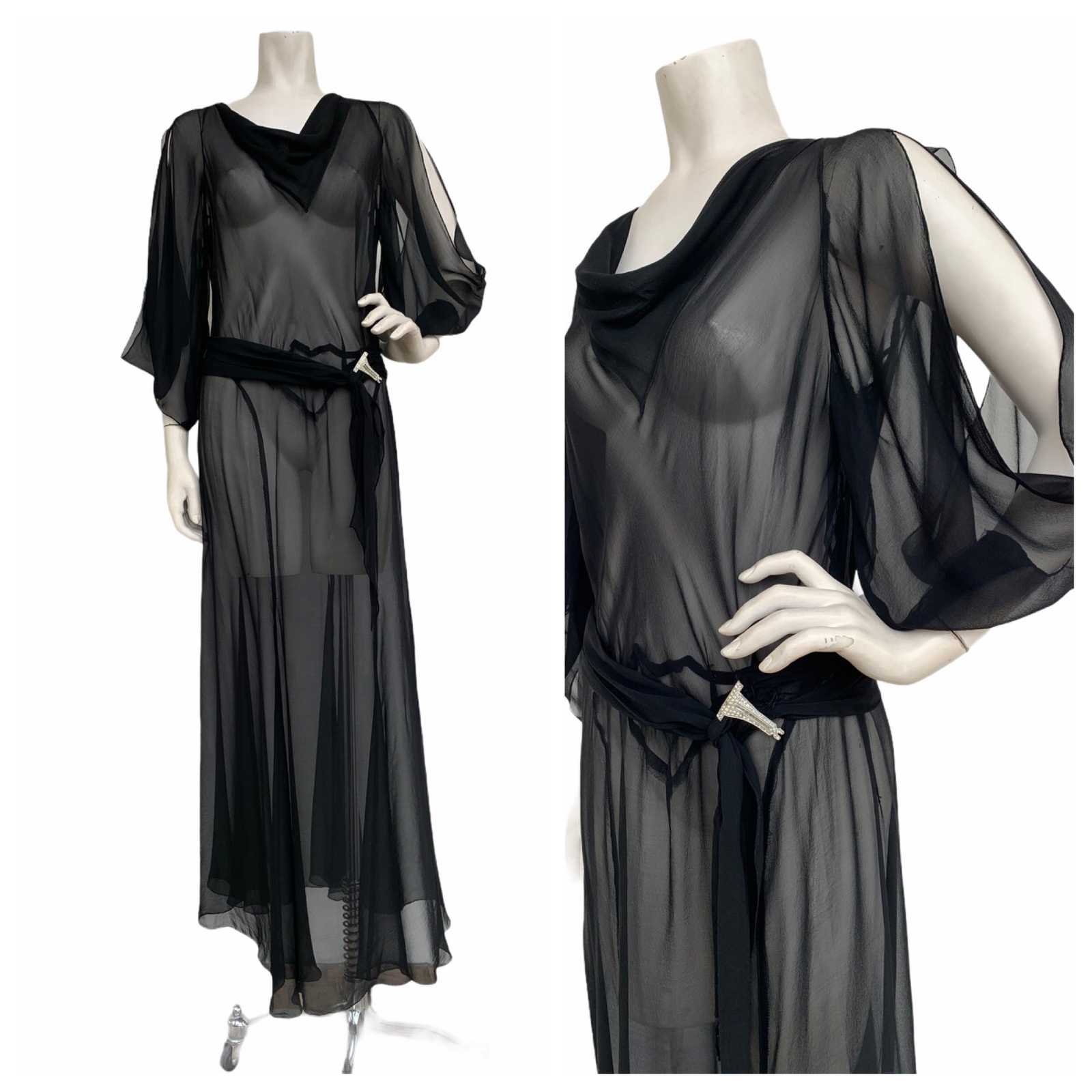 Vintage VTG 1920s 20s Black Sheer Art Deco Full Length Gown Maxi Dress