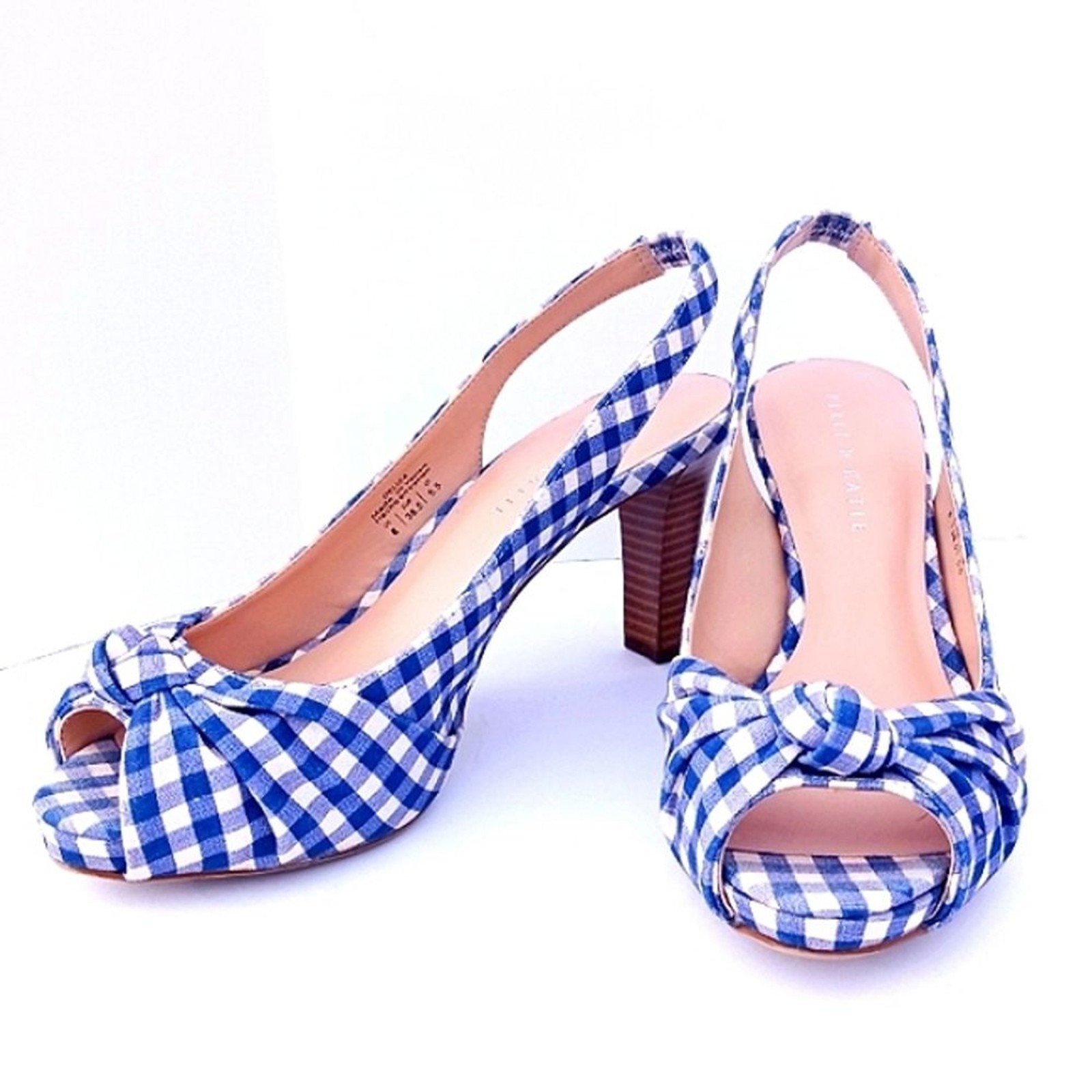 GINGHAM SHOES blue white peep toe SZ 8 3.5″ stacked heel slingback sandal