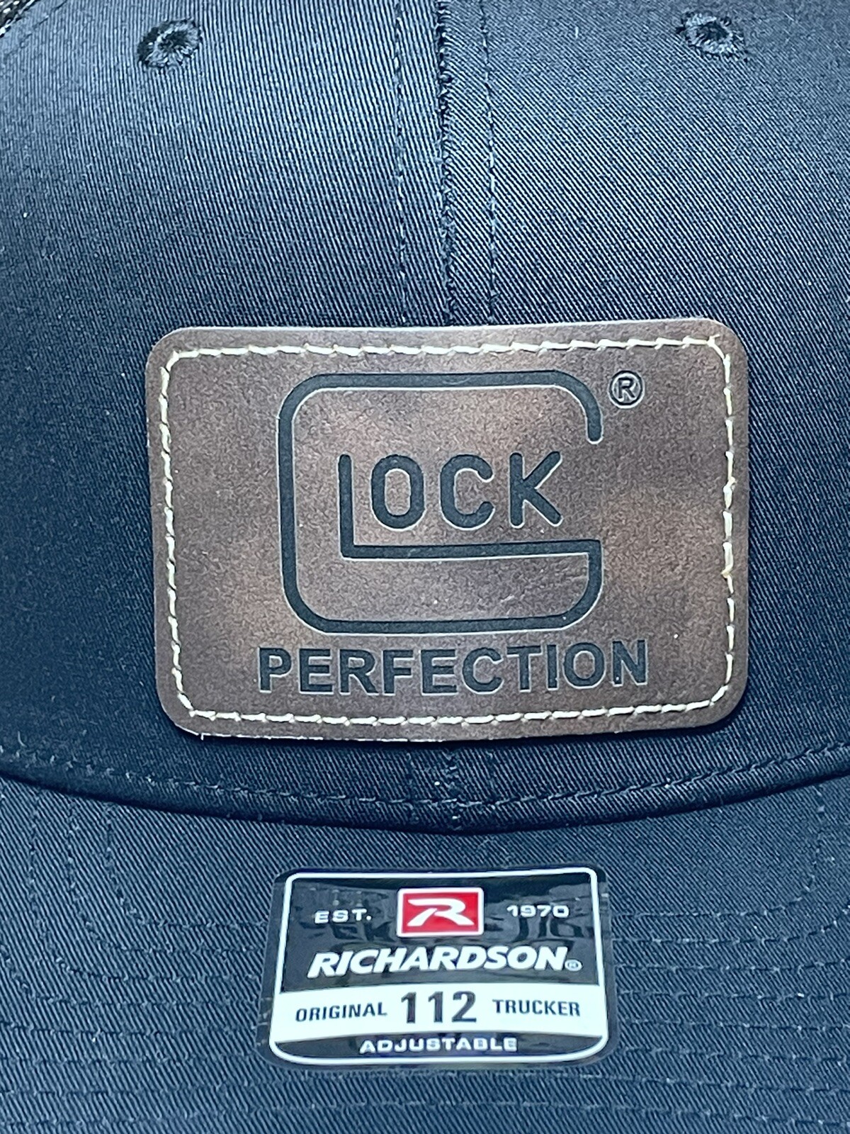Richardson 112 Glock Leatherette Patch Trucker Hat, Gun Glock Hat, Black