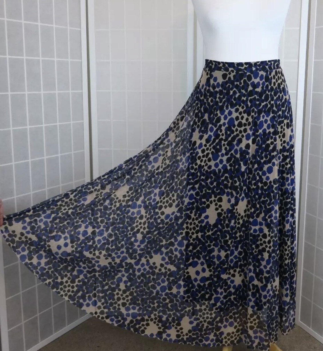 Soon Maxi Skirt Size 10 Beige Blue Black Splodge Print Mesh Lined Casual Party