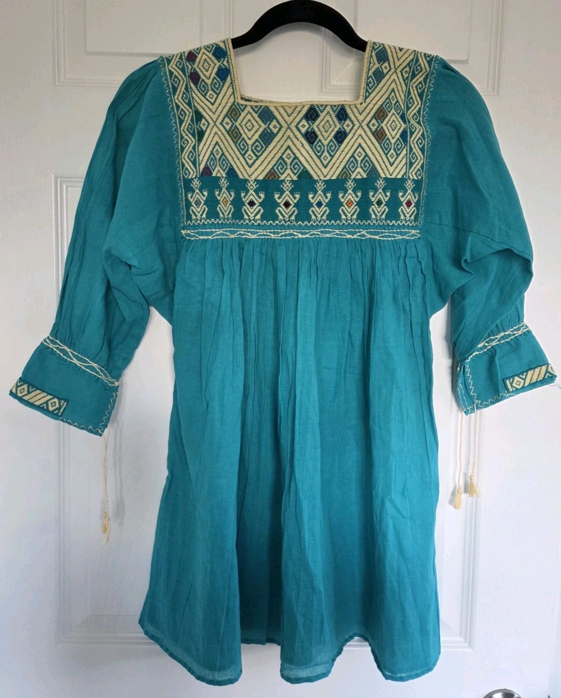 Teal Embroidered Peasant Tunic Top Women S/M Boho Lightweight Artisan Style