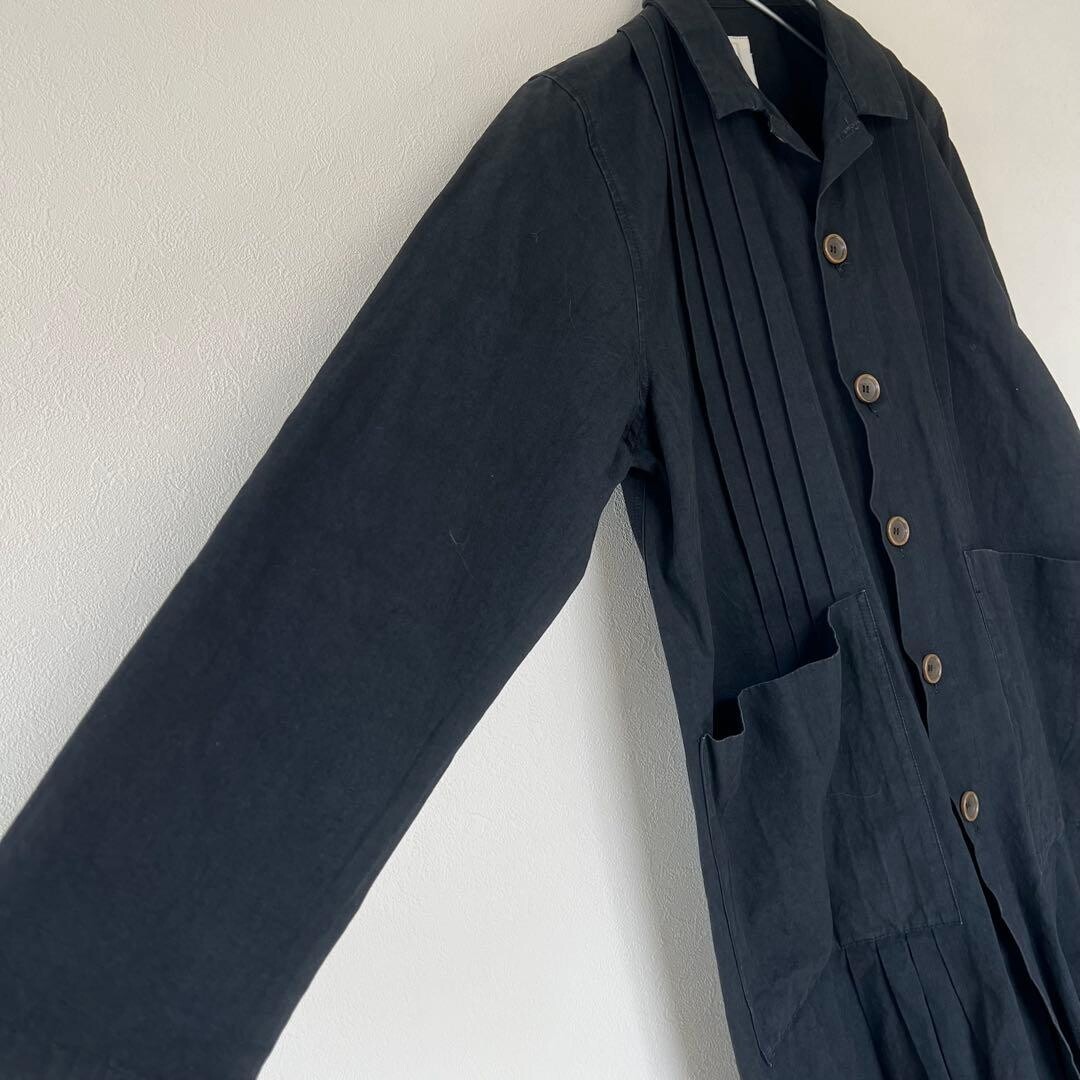 ICHI Antiquites Black Cotton Linen Pintuck Long Coat Women Free Auth