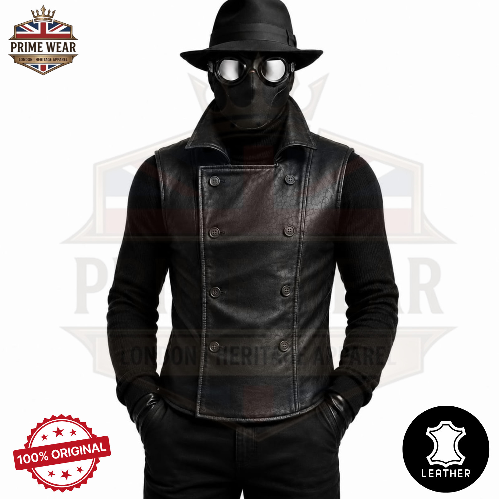 Men’s Black Genuine Spider Noir Leather Double Breasted Sleeveless Vest