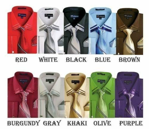 Fortino Landi Men’s French Cuff Dress Shirt with Tie and Handkerchief SG28