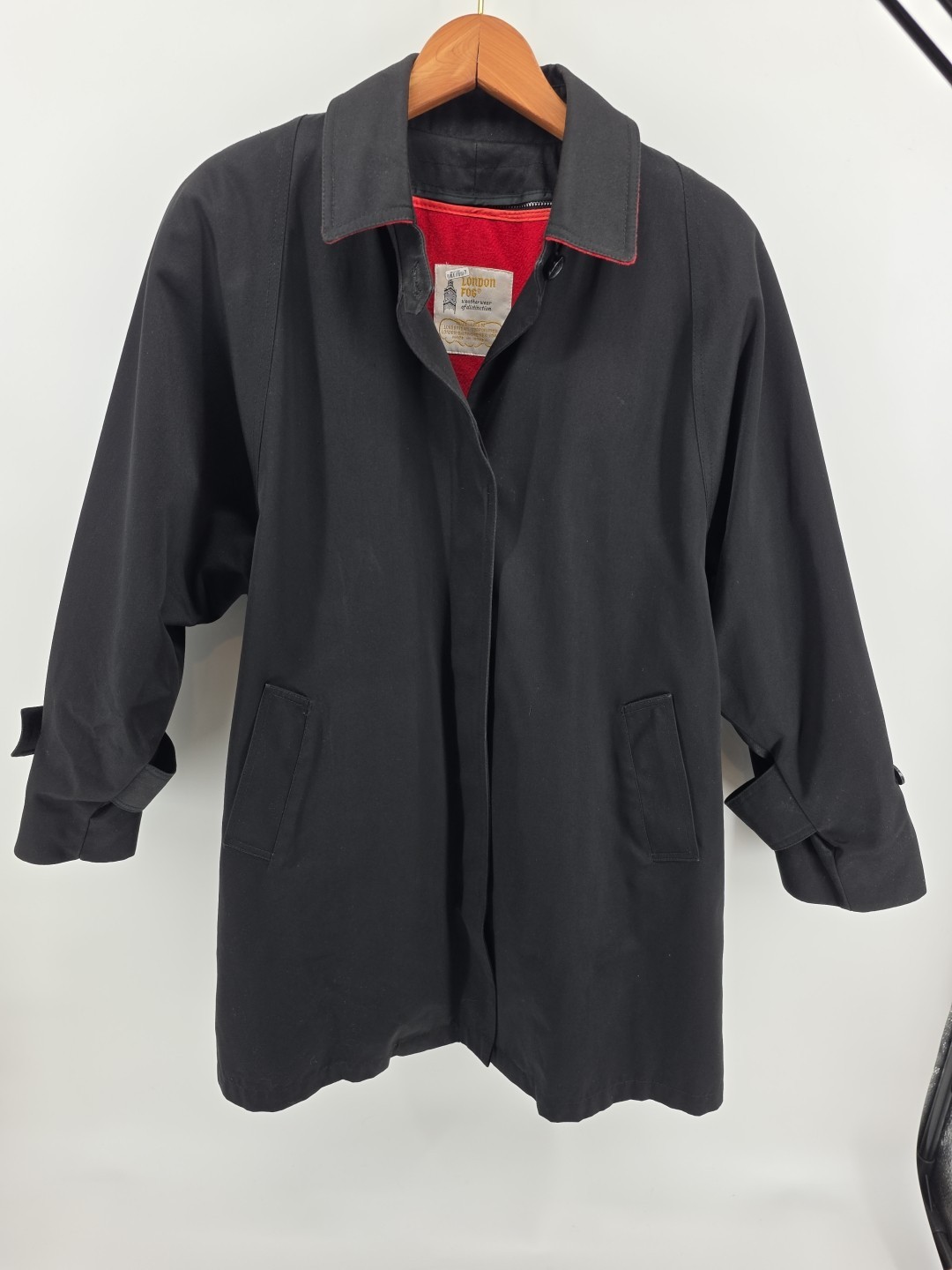 Vintage London Fog Trench Coat Size 10 R Black W/ Red Zip Out Wool Blend Liner!!