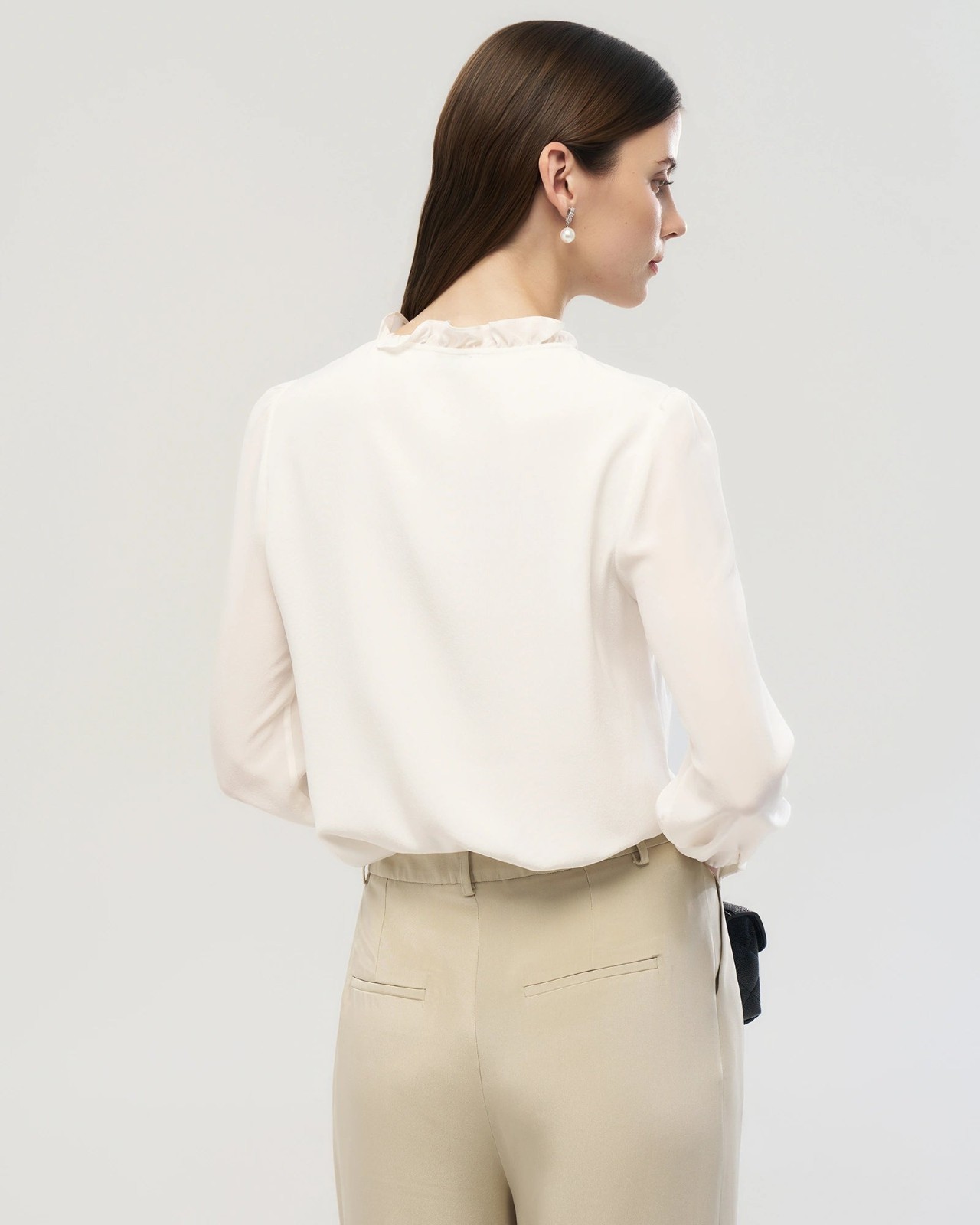 Long Sleeve Silk Blouse with Ruffle Trim