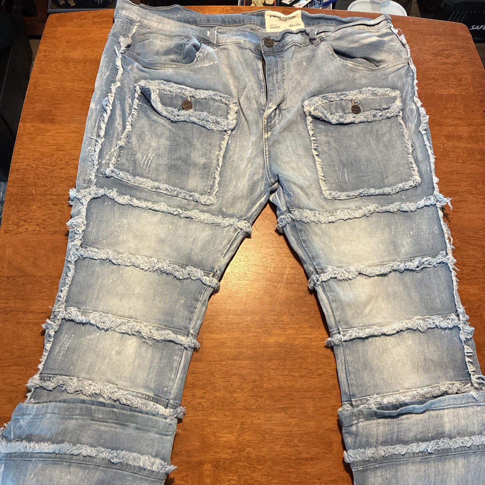 FWRD DENIM Stacked Fit Distressed Light Blue Jeans Fringe Studded Men’s
