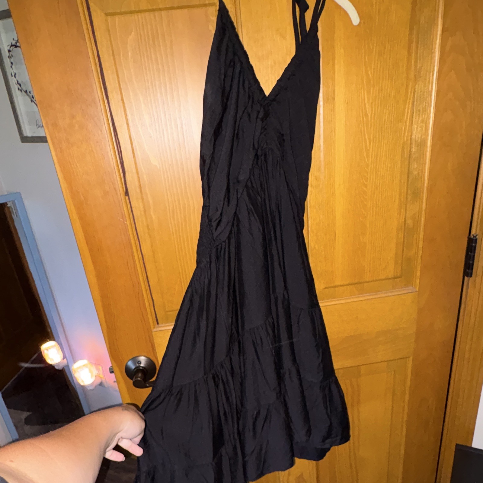 SHEIN Black Crinkle Smocked V-Neck Sleeveless Ruffle Midi A-Line Dress XL