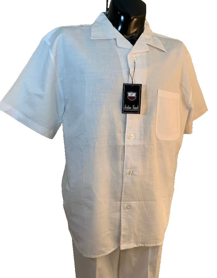 Fortino Landi Mens 2pc Walking Suit Linen Shirt Pleated Pants Set 2XL White 42