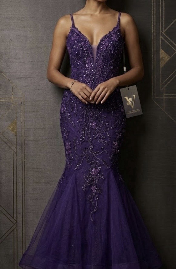 Women’s Purple Long Tulle Mermaid Formal Dress V-Neck Spaghetti Strap S
