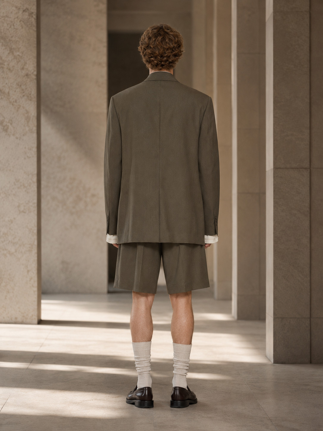 Mens Olive Brown 2 Piece Suit Oversized Blazer Tailored Shorts Runway Outfit