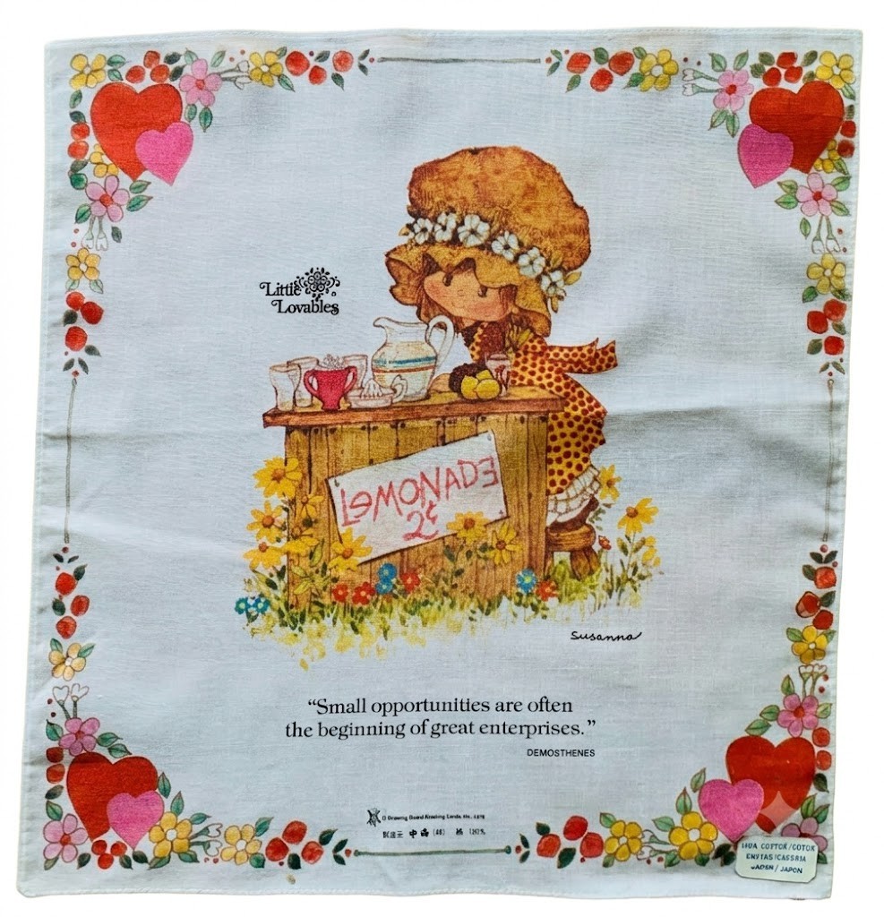 Vtg 1975 Drawing Board Hankie Little Lovables Susanna Lemonade Stand Japan TAG
