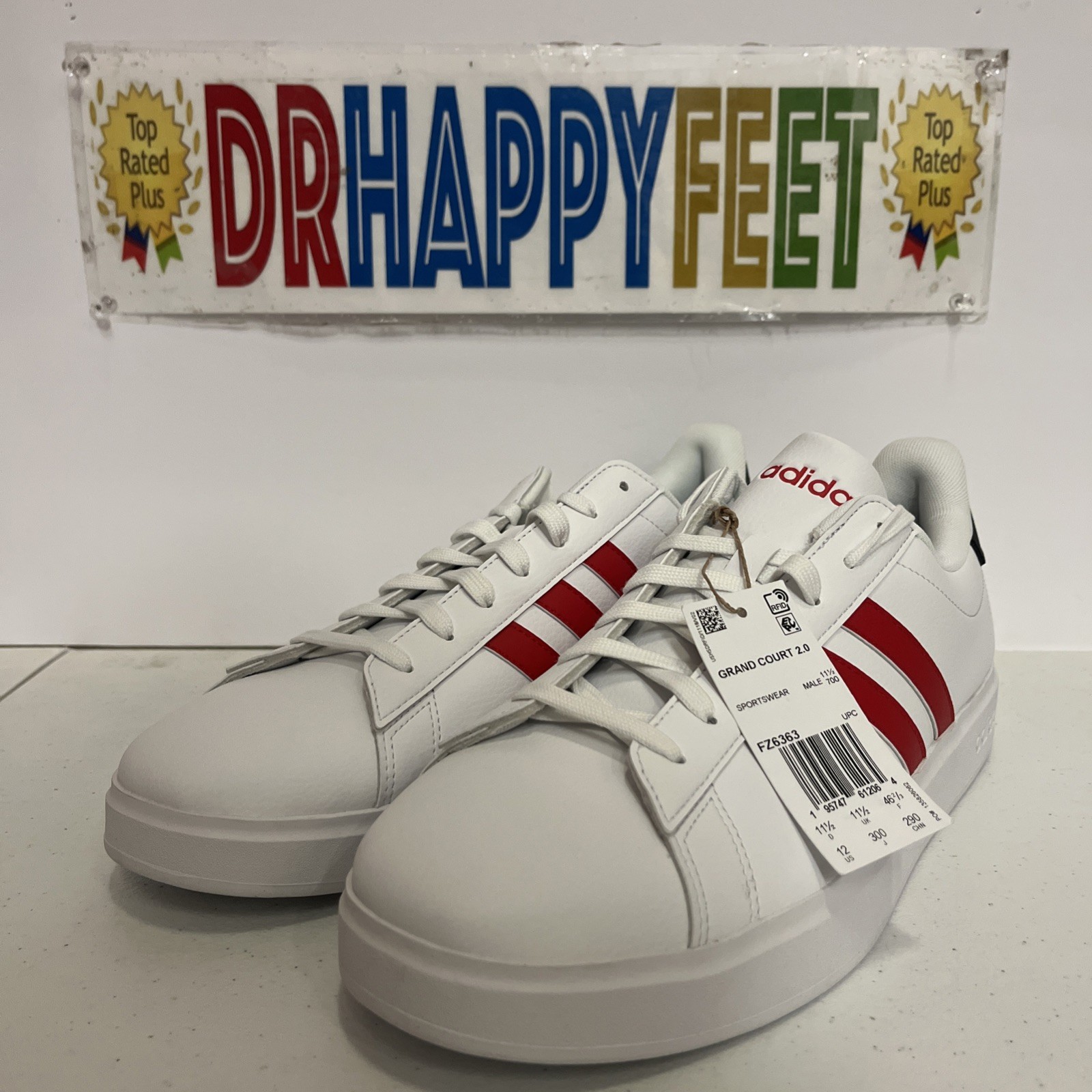 Adidas Grand Court 2.0 Men s Tennis Shoe White/Scarlet FZ6363 New