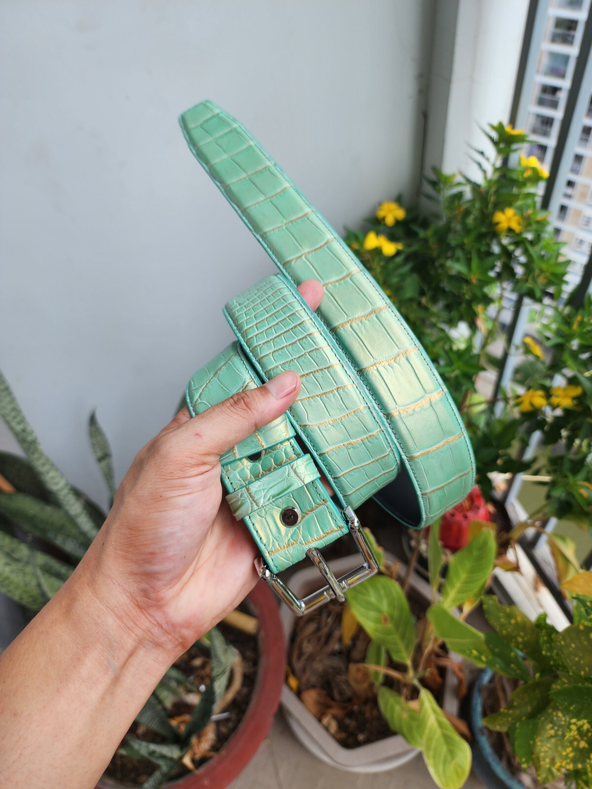 Green Goldllic Luxury 100% Genuine Exotic Body Leather Skin Men’s Belts Buckle