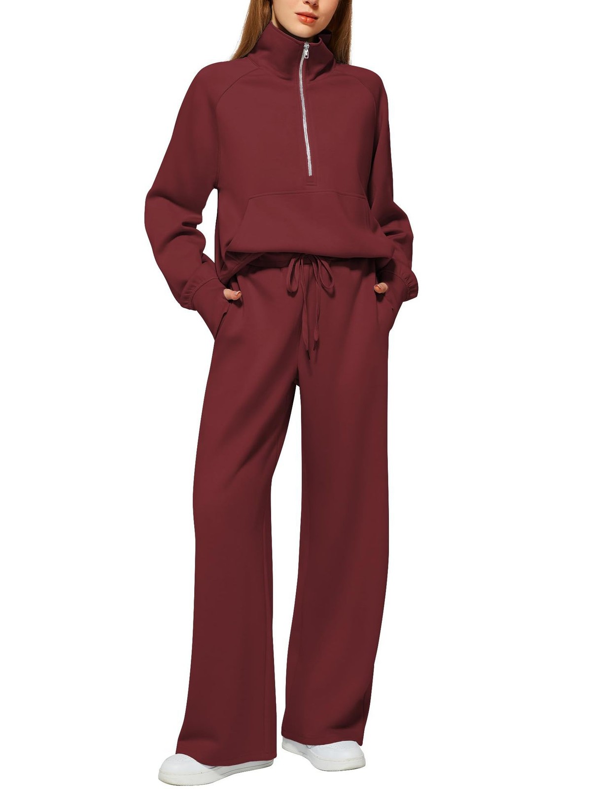 Woman Solid Color Half Zip Long Sleeve Sweatshirt And Wide Leg Pants Set Casual