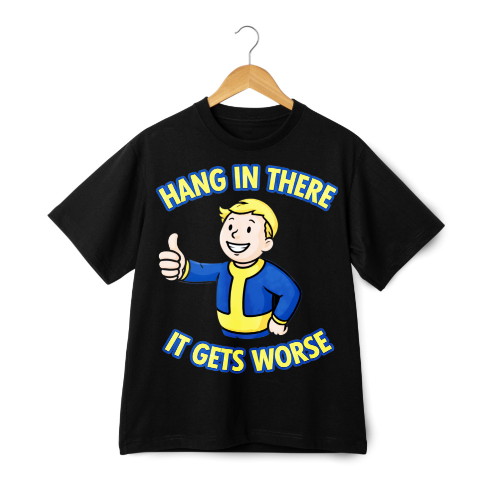 Vault Boy Hang In There Print T-Shirt, Post-Apocalyptic Humor Casual Tee
