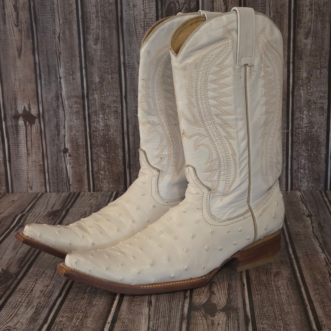 Sz 8.5 US Mens Los Gueritos Full Quill Ostrich White Western Cowboy Boots VGUC