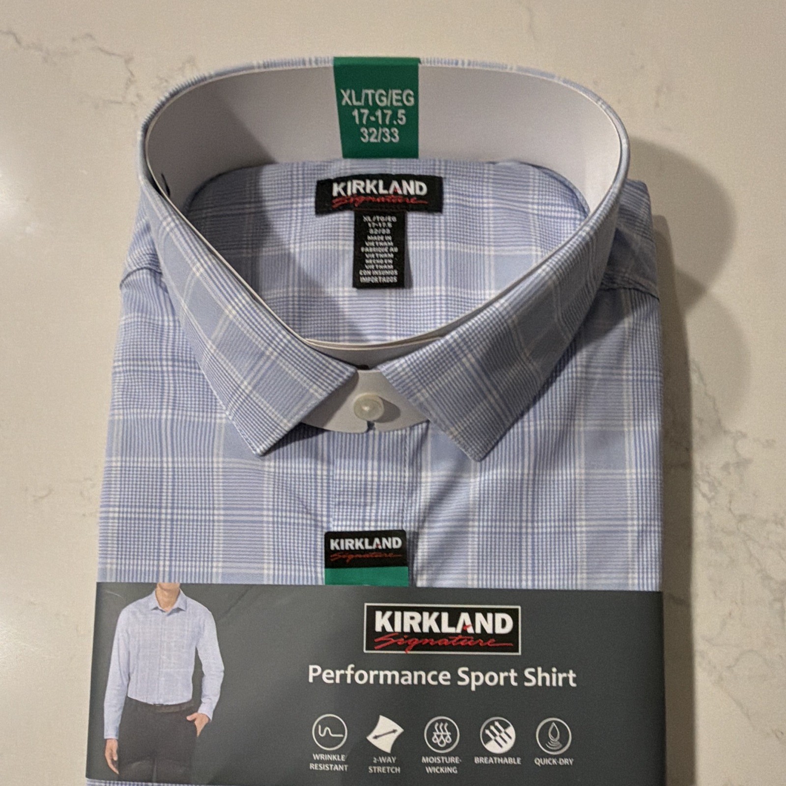 Kirkland Signature Men’s XL Performance Sport Shirt Blue Plaid Button-Up