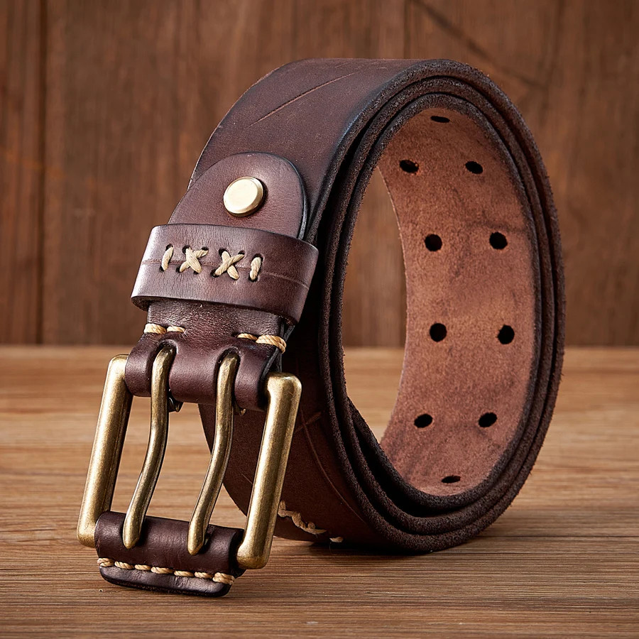 3.8CM Original Genuine Leather Army Tactical Belt Double-needle Buckle Men’s