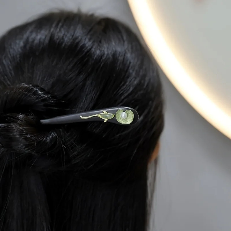 1pc Chinese Style Hair Stick: Black Wood with Gold, Green & Pearl Accents, Intri
