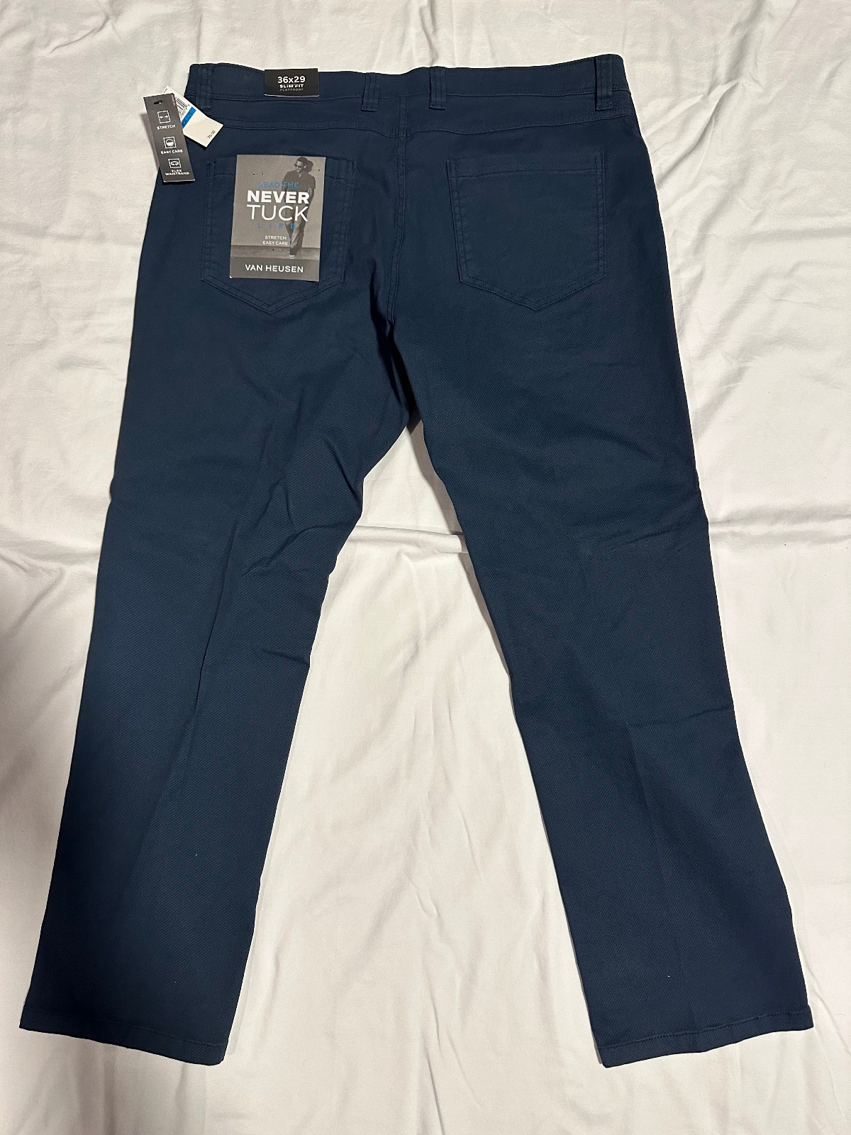 NWT Van Heusen Men’s Never Tuck Slim Pants Size 36×29 Blue Stretch