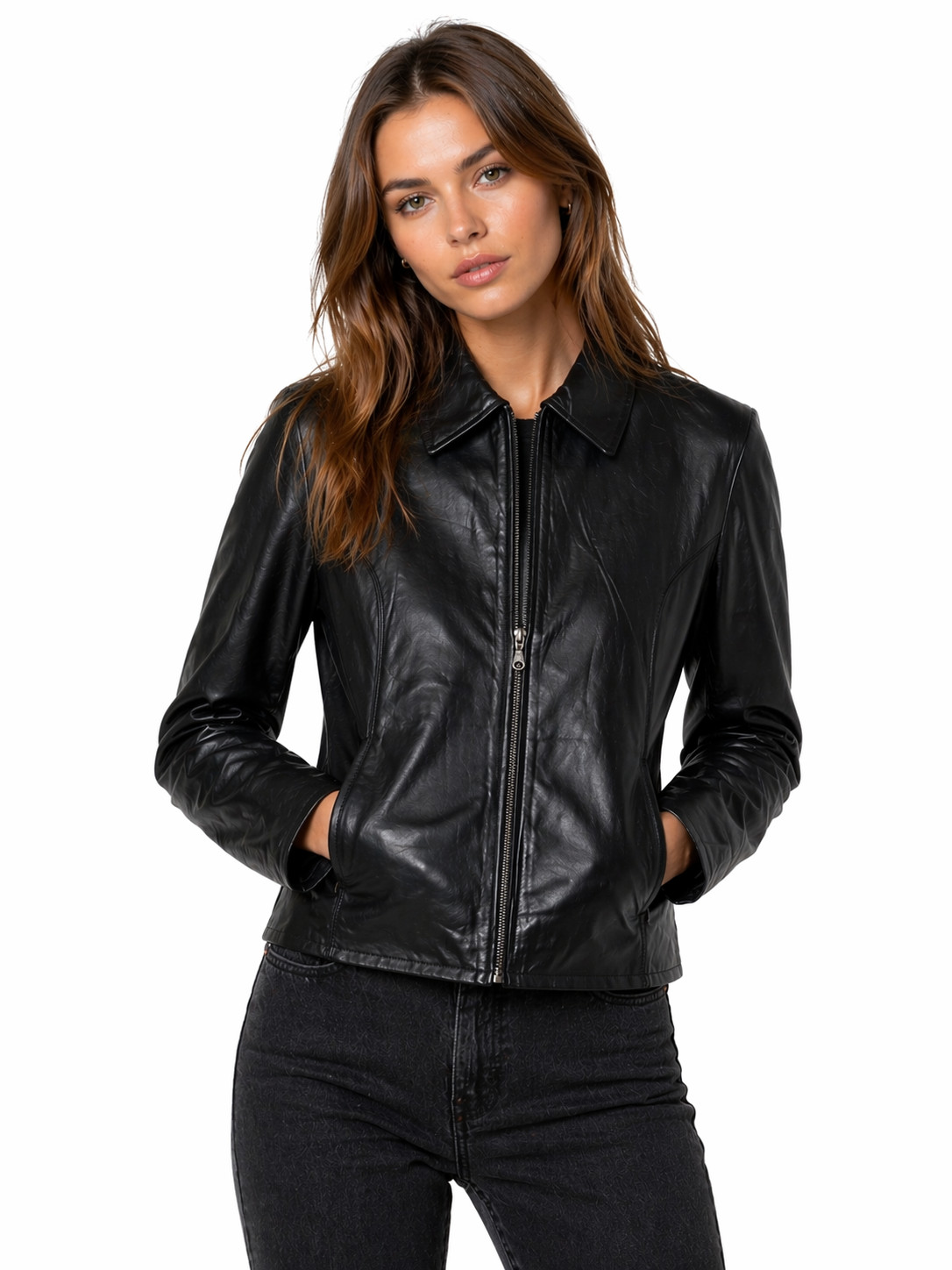 Genuine Leather Jacket Women Black Zip Up Slim Fit Classic Soft Leather Coat