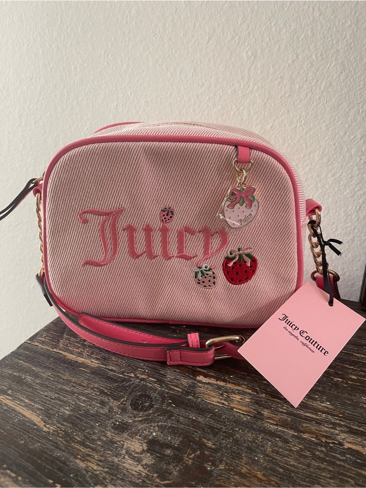 Juicy Couture Pink Strawberry Camera Bag Crossbody Embroidered Canvas NWT