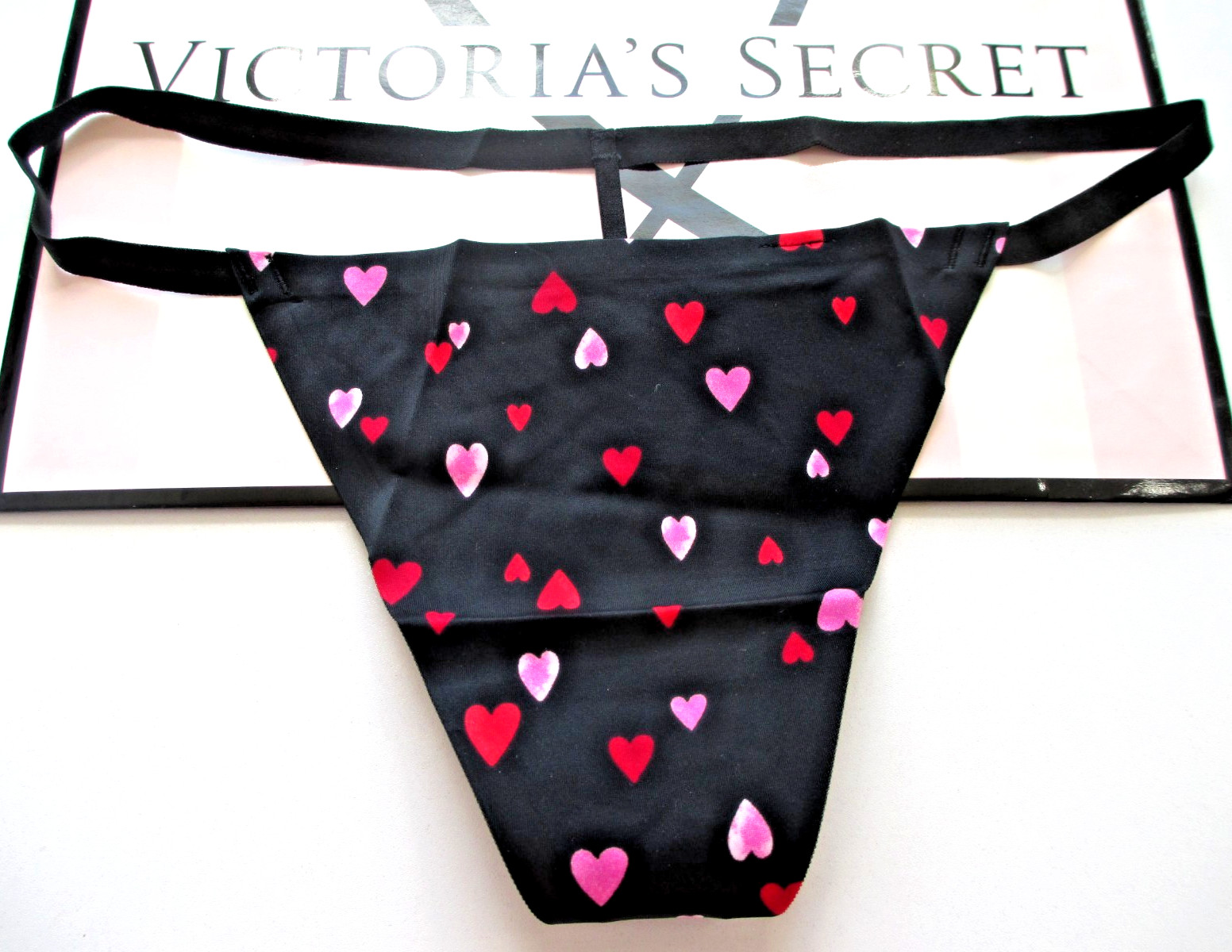 VICTORIA’S SECRET PINK No Show V-String Thong Panty VS Black Hearts S M L NWT