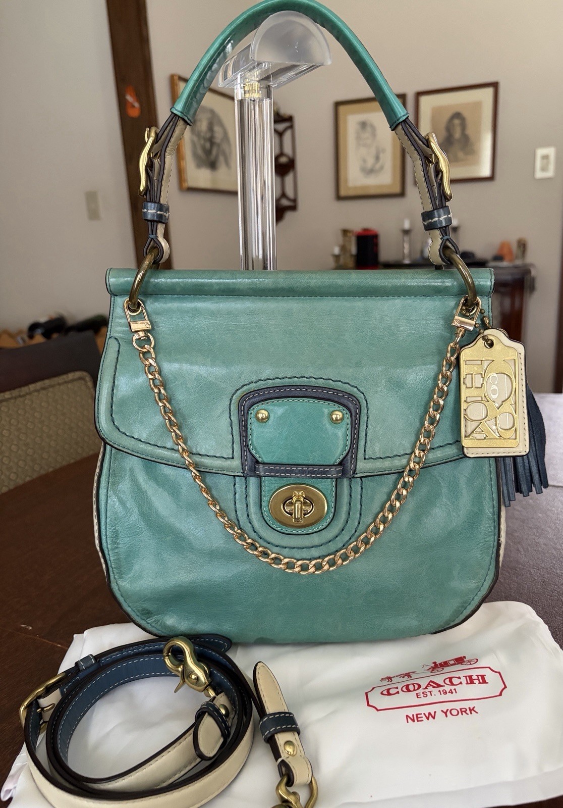 Coach 70th Anniversary Limited Edition Turnlock Satchel Green/Blue/White