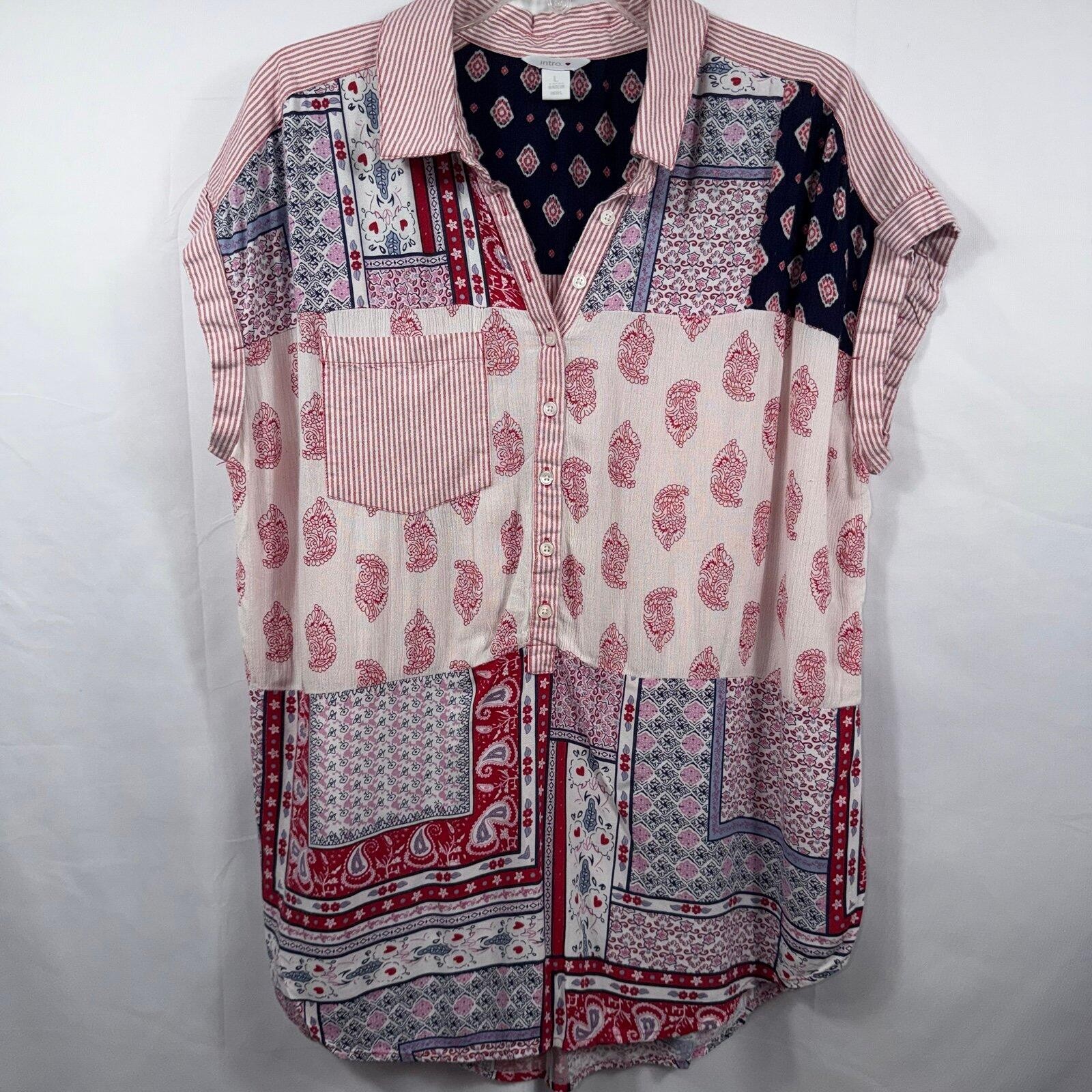 Intro Patchwork Paisley Button Front Tunic Blouse Size Large
