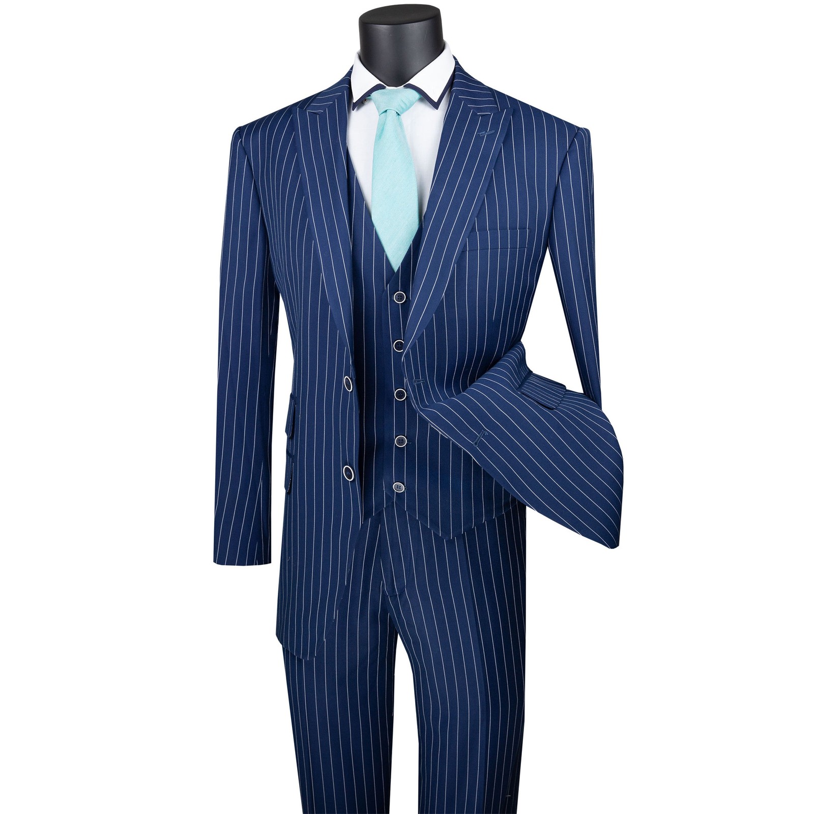 VINCI Men’s Blue Striped 3 Piece Regular Fit Suit w/ Flex Waist – NEW
