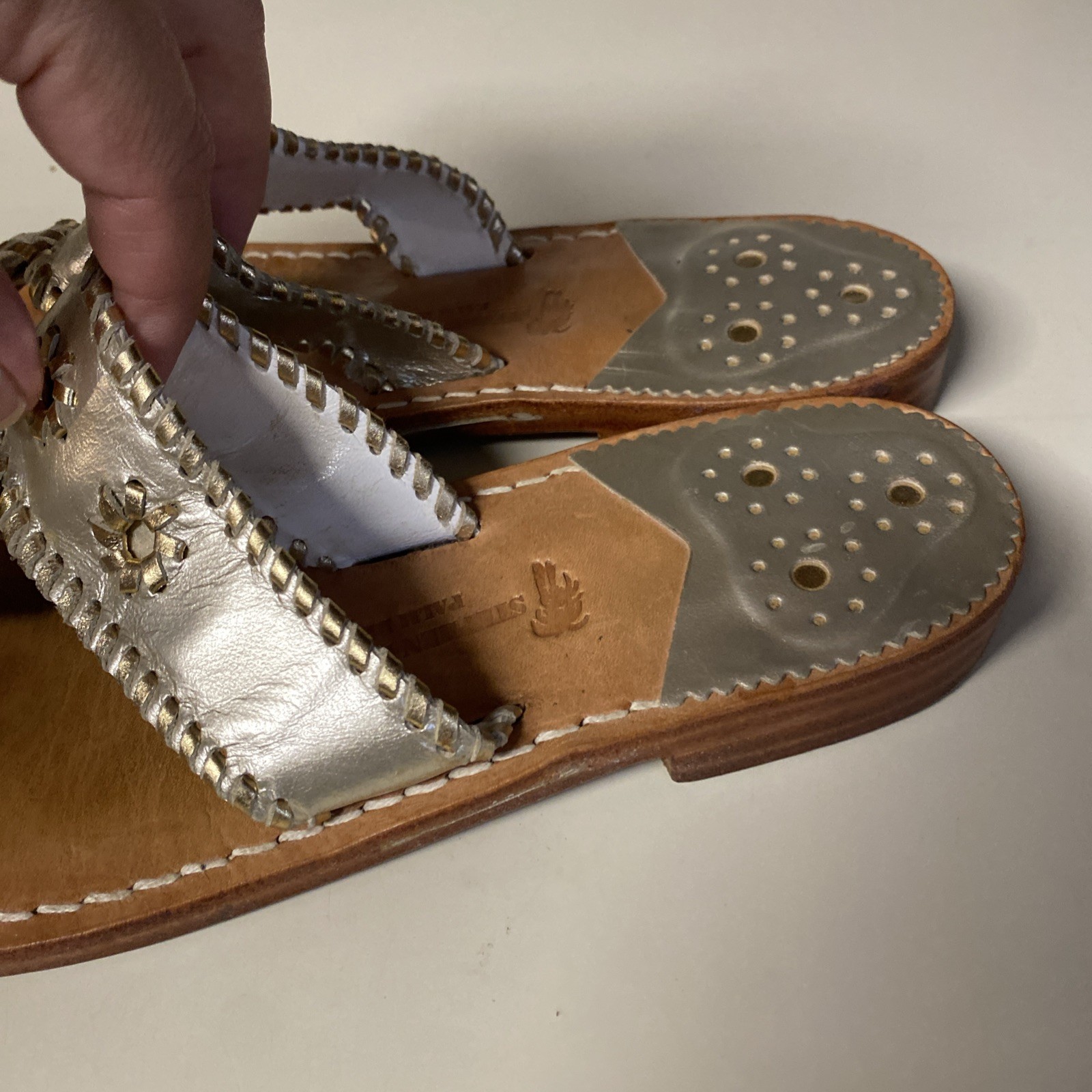 Stephen Bonanno Palm Beach Leather Handcrafted Gold Metallic Sandals Sz 7.5