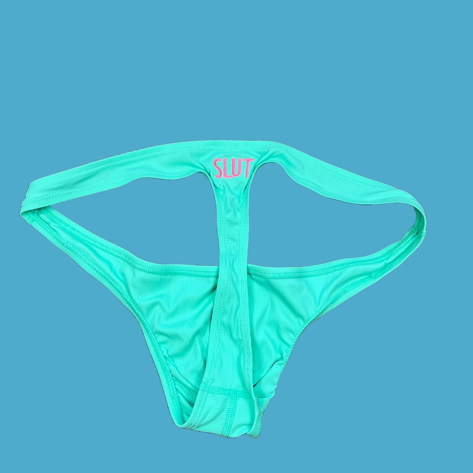 SLUT custom embroidery mens mint Green ribbed swim thong underwear swimwear