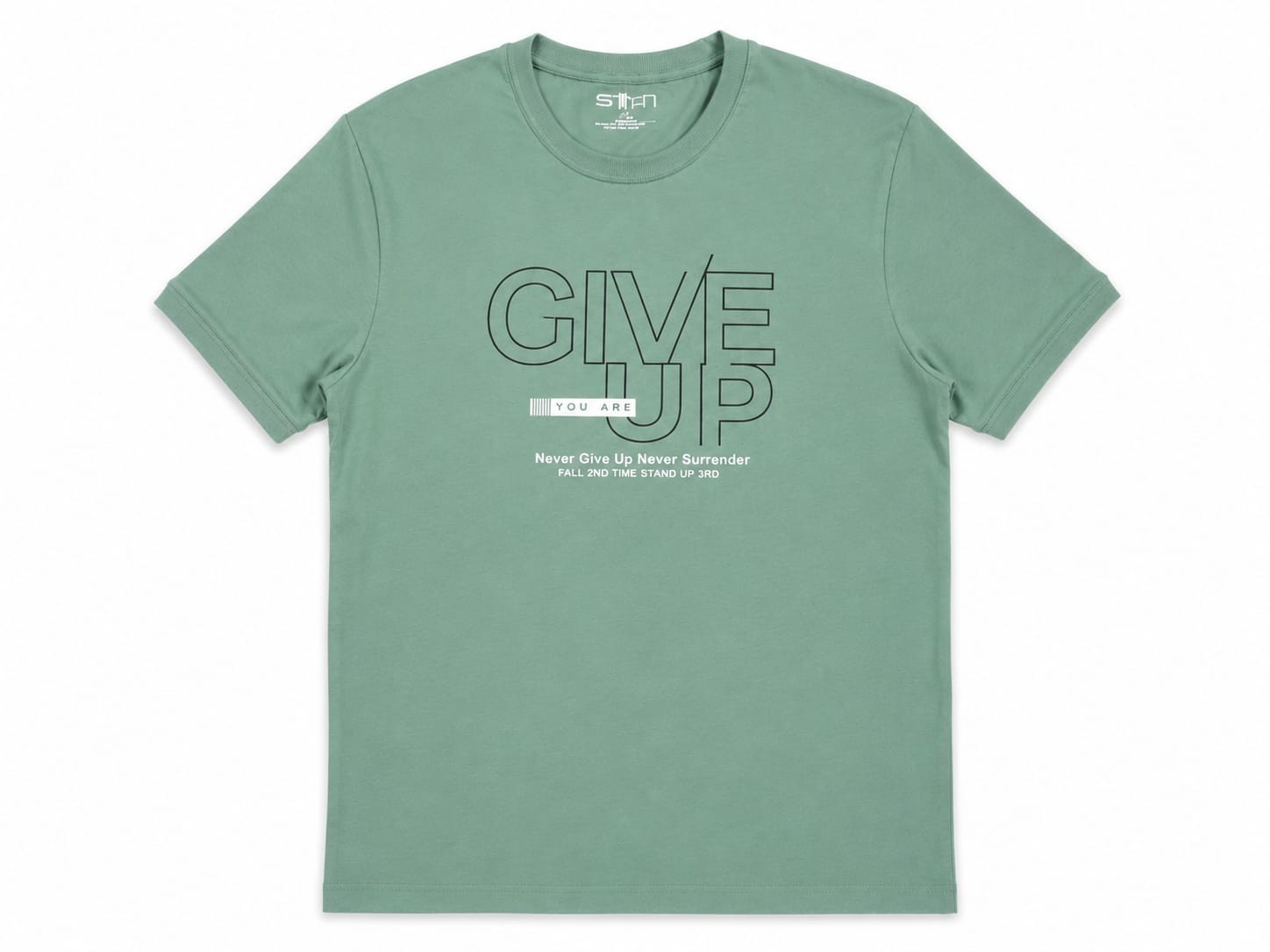 Mens Graphic T-Shirt GIVE UP Never Surrender Green Casual Tee Used Size Medium