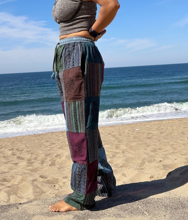Patchwork Hippie Pants with Pockets and Elastic Waist, Boho Pants