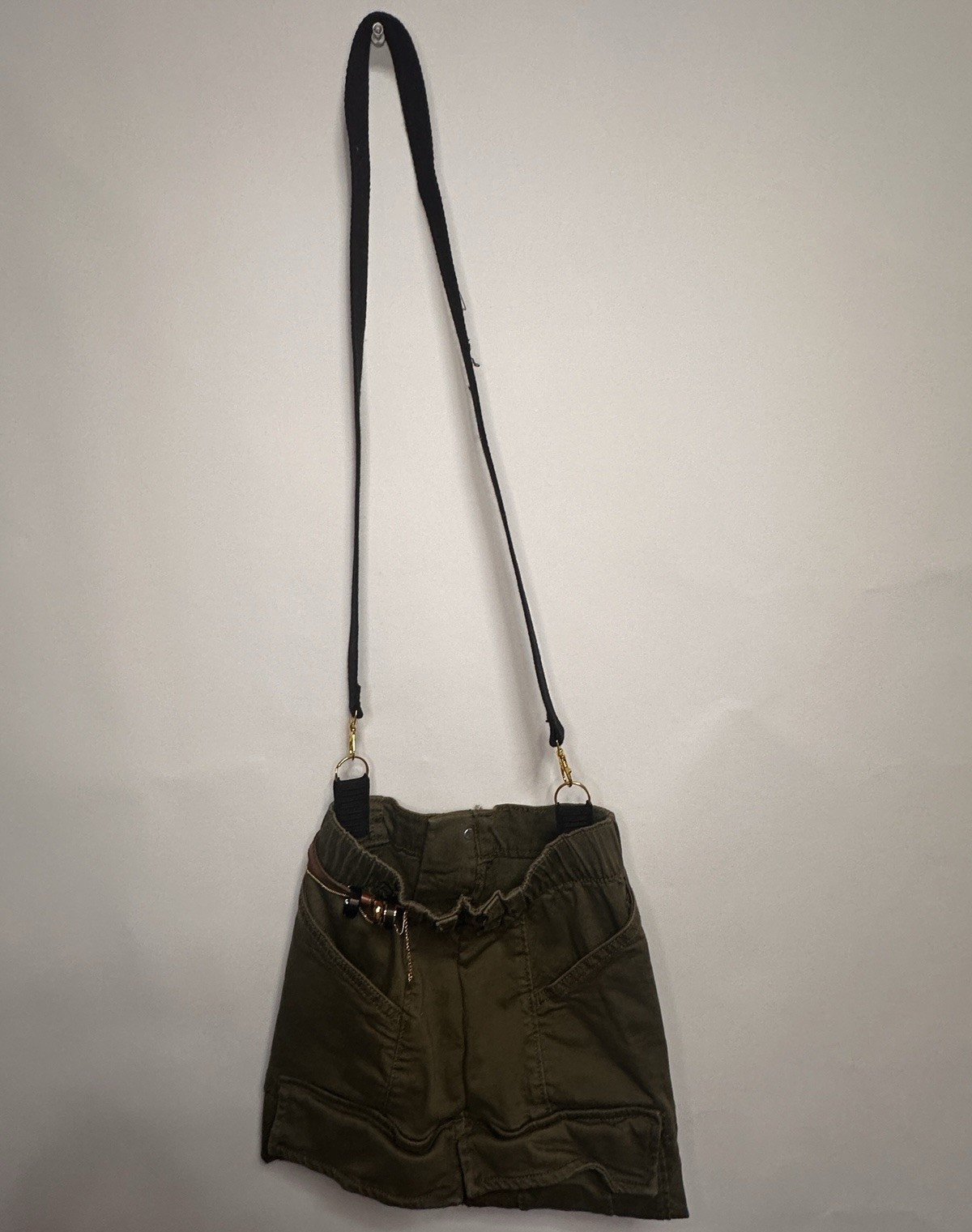 Handmade Shoulder Bag, Repurposed Olive Green Skirt, Black Strap, Gold Hardware