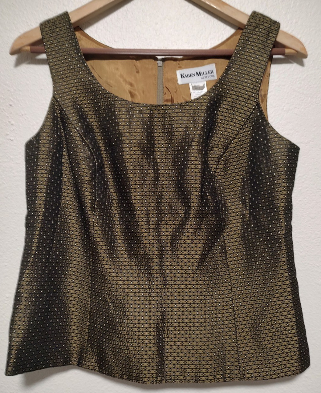Karen Miller Olive Green Black Gold Jacquard Sleeveless Round Neck Lined Top 8