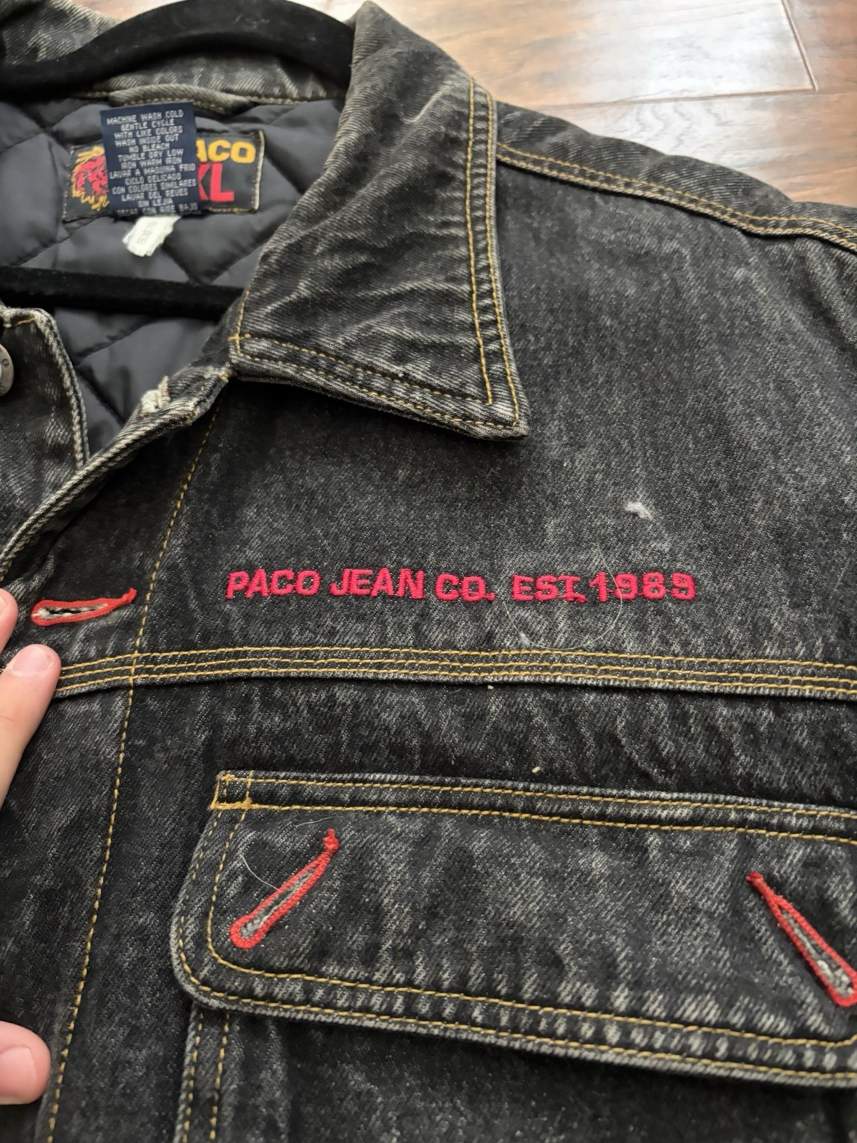 PACO Men’s Black Denim Jacket XL Embroidered Logo Lined Button Front