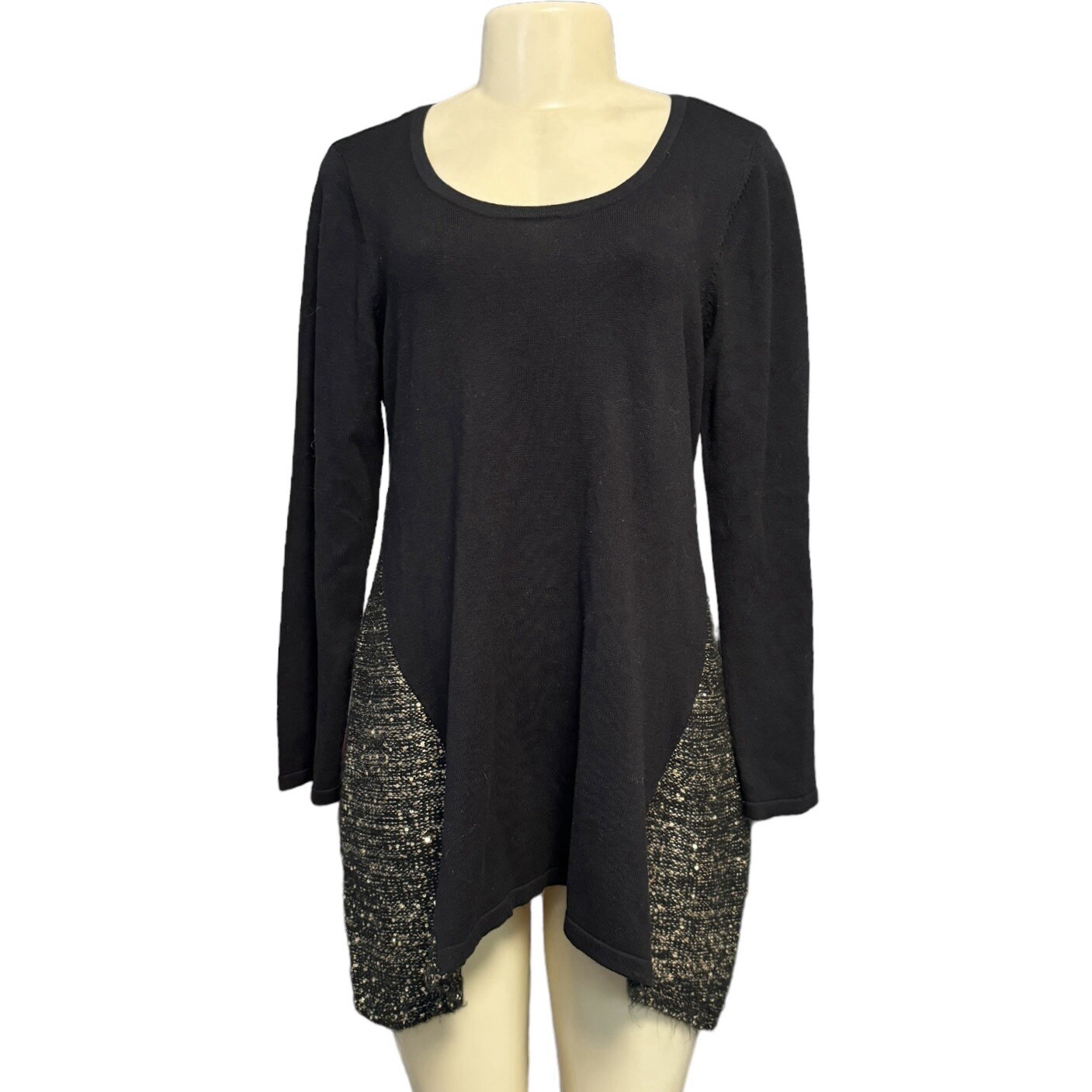 Style&Co Black Women Knit Asymmetrical Tunic Heathered Gold Removable Scarf M