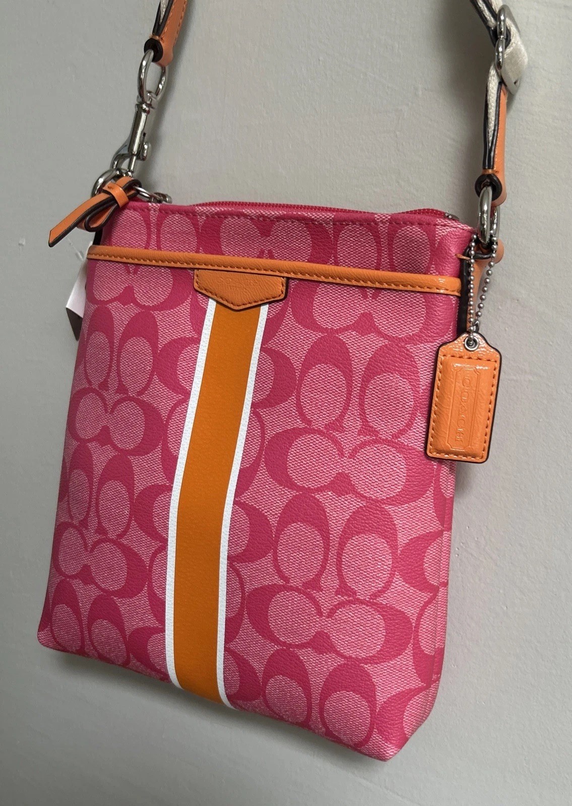 NWT COACH Signature MESSENGER CROSSBODY BAG PINK Orange Carrier Purse Swingpack