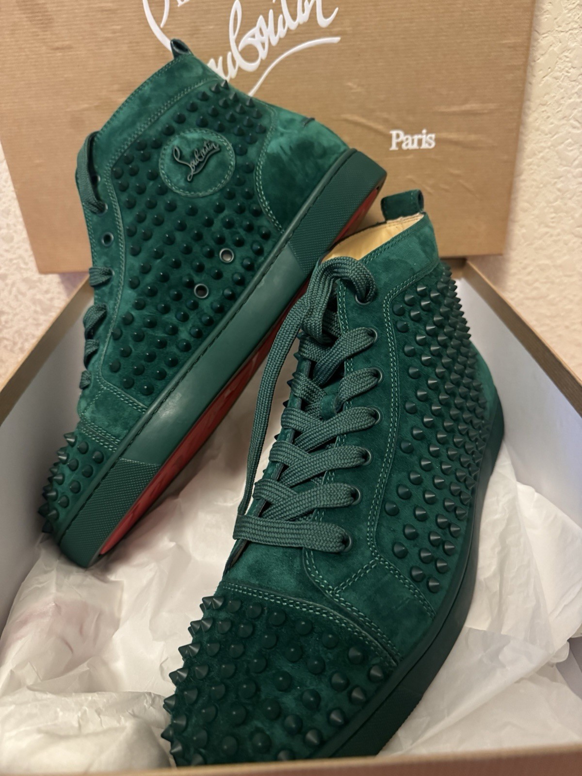 Christian Louboutin Louis Spikes Green High Top Sneakers Red Sole Men’s